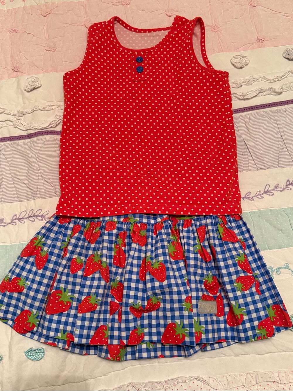 Eleanor Rose Red Polka Dot Tank with Blue Gingham Strawberry Skirt